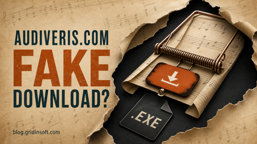 A fake Audiveris.com download button caught in a sheet-music mousetrap.
