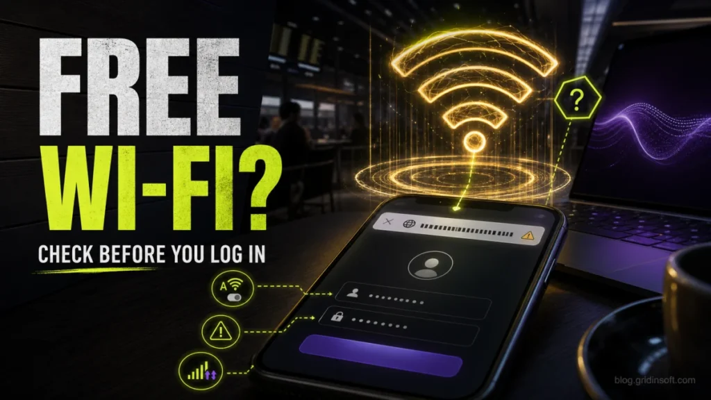 Free Wi-Fi safety poster showing a suspicious public hotspot before login.