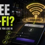 Free Wi-Fi safety poster showing a suspicious public hotspot before login.