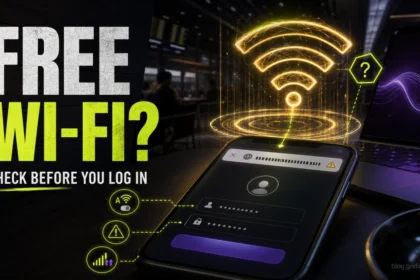 Free Wi-Fi safety poster showing a suspicious public hotspot before login.