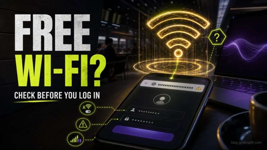 Free Wi-Fi safety poster showing a suspicious public hotspot before login.