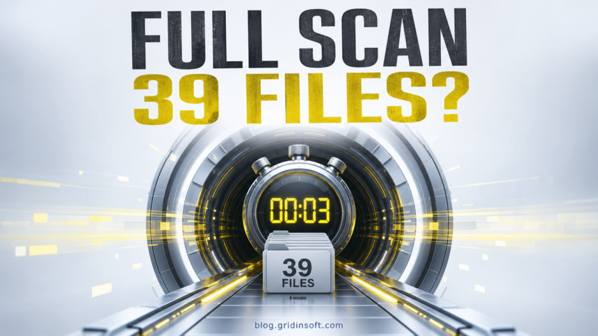 A full security scan stops at 39 files after three seconds.