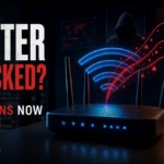 Router hijacked warning image with malicious DNS lines leaving a home Wi-Fi router.