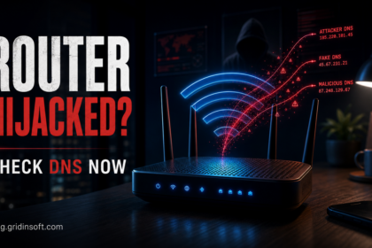 Router hijacked warning image with malicious DNS lines leaving a home Wi-Fi router.