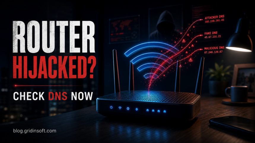 Router hijacked warning image with malicious DNS lines leaving a home Wi-Fi router.
