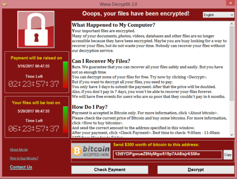 WannaCry ransomware note saying files have been encrypted.