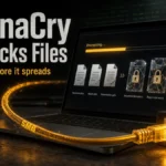 WannaCry ransomware poster showing SMB exposure and encrypted files.