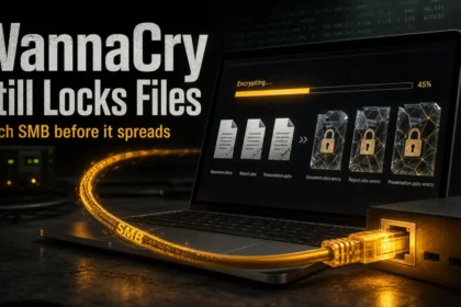 WannaCry ransomware poster showing SMB exposure and encrypted files.