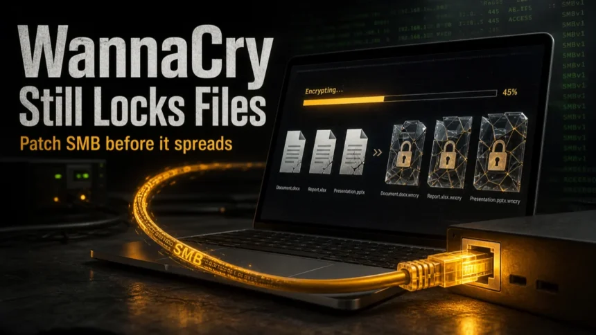 WannaCry ransomware poster showing SMB exposure and encrypted files.