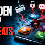 Hidden app threats on an Android phone showing cracked app tiles and malware warning symbols.