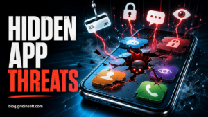 Hidden app threats on an Android phone showing cracked app tiles and malware warning symbols.