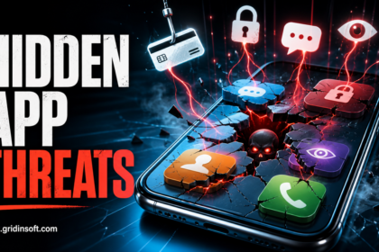 Hidden app threats on an Android phone showing cracked app tiles and malware warning symbols.