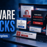 Adware examples poster showing browser pop-ups, fake alerts, notification spam, redirects, and coupon traps.