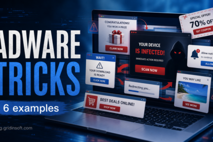 Adware examples poster showing browser pop-ups, fake alerts, notification spam, redirects, and coupon traps.