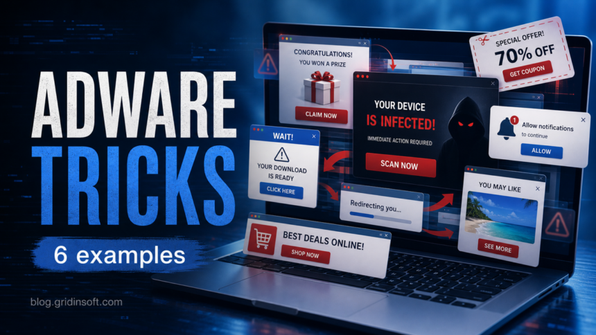 Adware examples poster showing browser pop-ups, fake alerts, notification spam, redirects, and coupon traps.