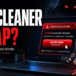 PC cleaner trap poster showing a fake one-click cleanup alert on a Windows laptop.