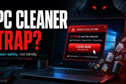 PC cleaner trap poster showing a fake one-click cleanup alert on a Windows laptop.