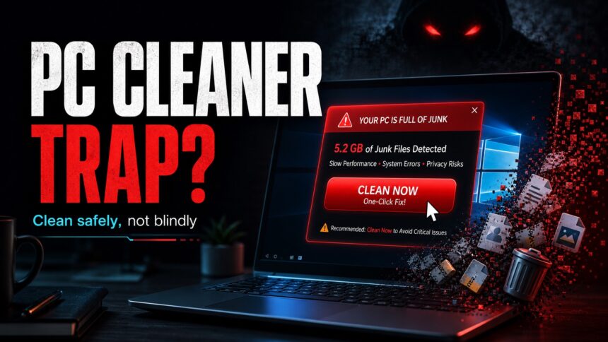 PC cleaner trap poster showing a fake one-click cleanup alert on a Windows laptop.