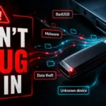 Gridinsoft Blog poster warning not to plug in an unknown USB drive with BadUSB, malware, data theft, and unknown device labels