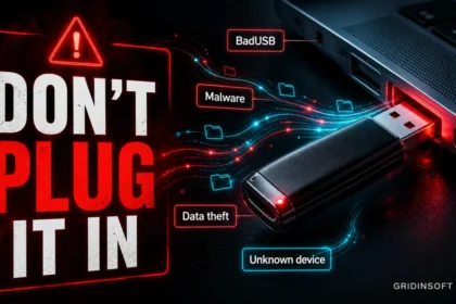 Gridinsoft Blog poster warning not to plug in an unknown USB drive with BadUSB, malware, data theft, and unknown device labels