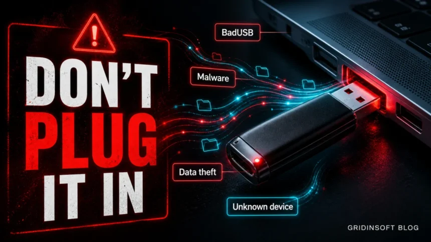 Gridinsoft Blog poster warning not to plug in an unknown USB drive with BadUSB, malware, data theft, and unknown device labels
