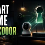 Smart camera and router connected to a glowing keyhole, illustrating IoT security risks.