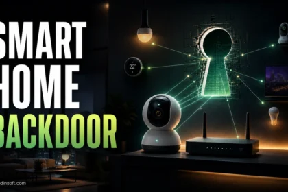 Smart camera and router connected to a glowing keyhole, illustrating IoT security risks.