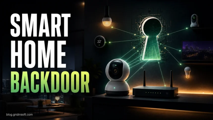 Smart camera and router connected to a glowing keyhole, illustrating IoT security risks.