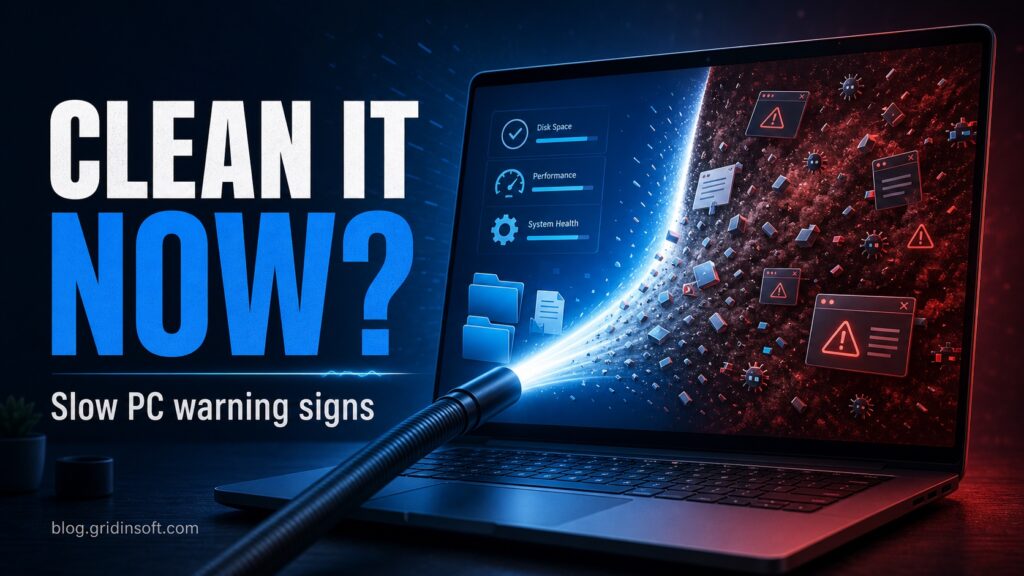 Slow PC warning signs poster showing safe cleanup versus hidden threats.