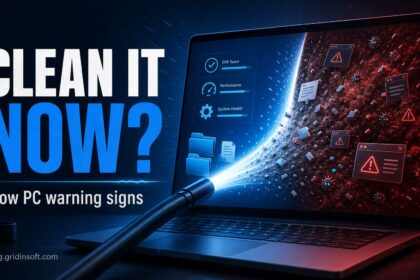 Slow PC warning signs poster showing safe cleanup versus hidden threats.