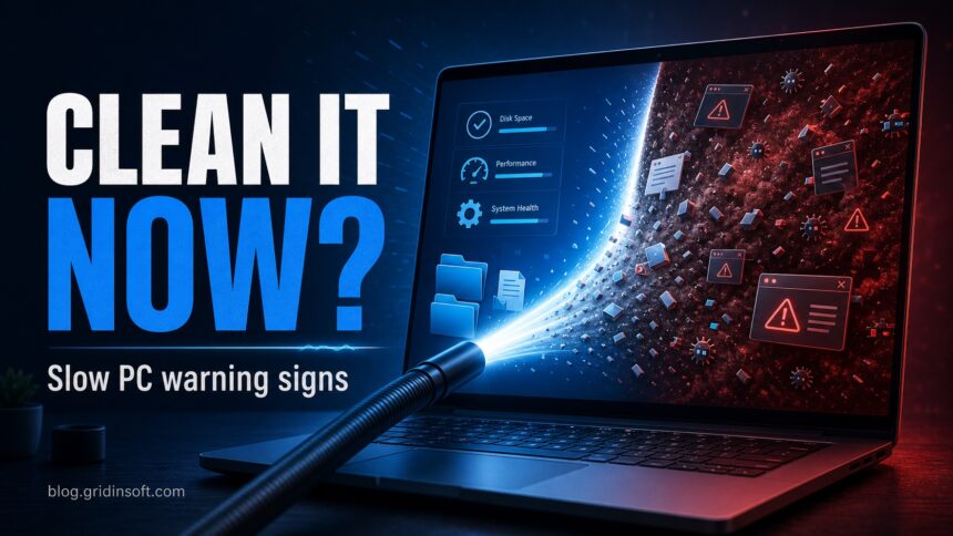 Slow PC warning signs poster showing safe cleanup versus hidden threats.