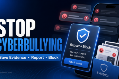 Editorial poster showing cyberbullying messages stopped with save evidence, report, and block actions.