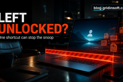 Unlocked laptop warning with visible blog.gridinsoft.com signature
