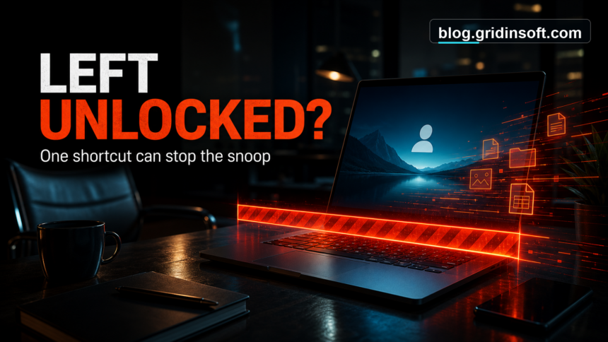 Unlocked laptop warning with visible blog.gridinsoft.com signature