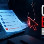 One Bad Habit poster showing a phishing hook pulling a safe computer security checklist from a laptop.