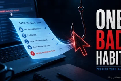 One Bad Habit poster showing a phishing hook pulling a safe computer security checklist from a laptop.