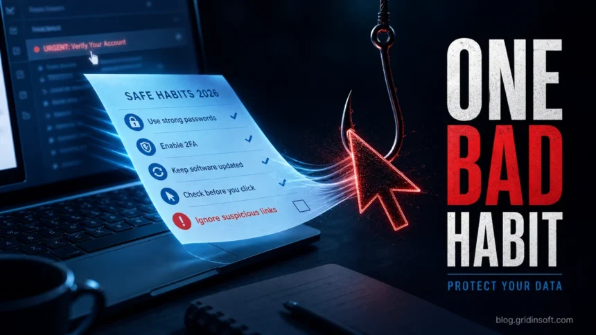 12 Good Cybersecurity Habits to Protect Your Computer in 2026 1 One Bad Habit poster showing a phishing hook pulling a safe computer security checklist from a laptop.