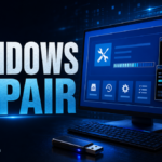 Windows Repair editorial poster with recovery tools and command progress.