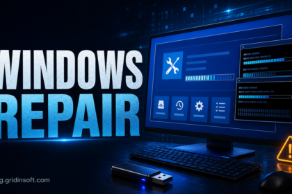 Windows Repair editorial poster with recovery tools and command progress.