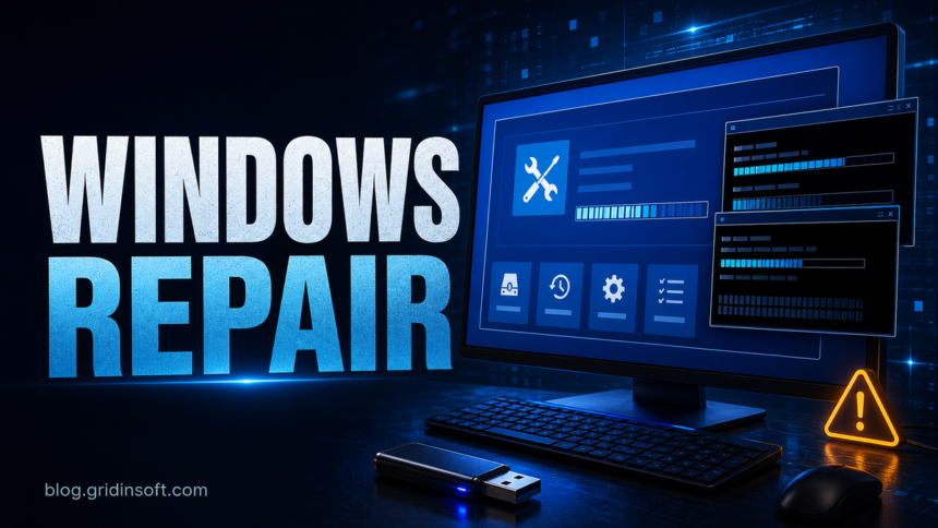 Windows Repair editorial poster with recovery tools and command progress.