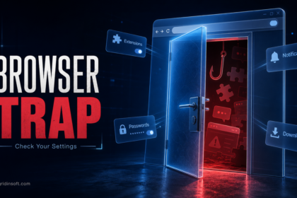 Browser security settings poster showing a browser door trap with risky extensions, notifications, passwords, and downloads.