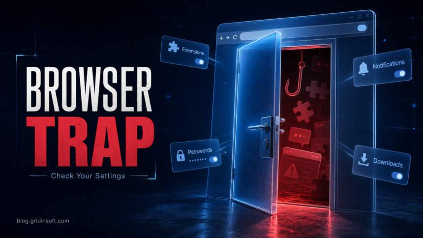 Browser security settings poster showing a browser door trap with risky extensions, notifications, passwords, and downloads.