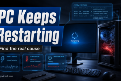 PC keeps restarting diagnostic poster with power, temperature, and malware scan clues.
