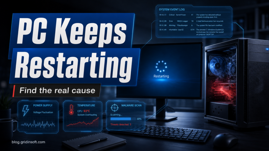 PC keeps restarting diagnostic poster with power, temperature, and malware scan clues.