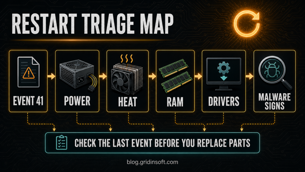 PC Restarts Randomly? Fix Guide 2 Restart triage map showing Event 41, power, heat, RAM, drivers, and malware signs.