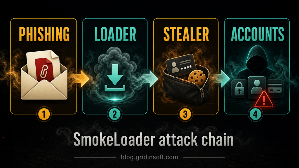 SmokeLoader attack chain showing phishing, loader, stealer, and accounts at risk.