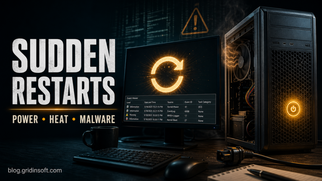 Computer sudden restarts poster showing power, heat, and malware clues.