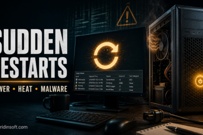 Computer sudden restarts poster showing power, heat, and malware clues.