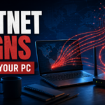 Imagegen poster showing botnet signs with suspicious outbound traffic from a laptop and router.