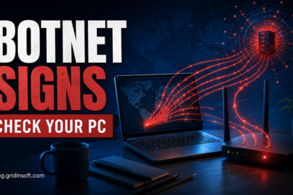Imagegen poster showing botnet signs with suspicious outbound traffic from a laptop and router.